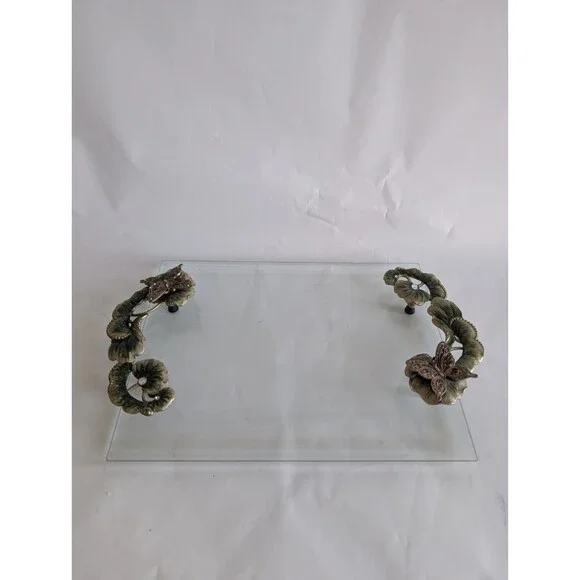 Butterfly Vanity Dresser TRAY Rhinestone Jeweled Enamel Flower Glass - Picture 1 of 6